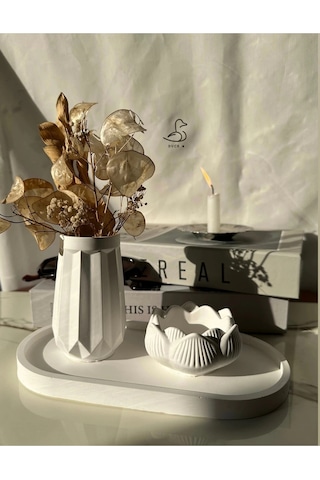 Geometrik Desenli Vazo Ve Lotus Çiçek Görünümlü Dekoratif Set