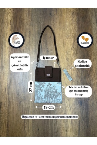 Aksesuarsepeti El Yapımı, Fransız Köylüsü Desenli, Cepli, Taşıma Askılı, Kılıf Çanta, Tablet Kılıfı, Kitap Kılıfı Kahverengi