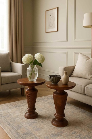 Masif Ahşap 2 Li Yan Sehpa Seti Meşe Renk Doğal Zigon Takımı Meşe