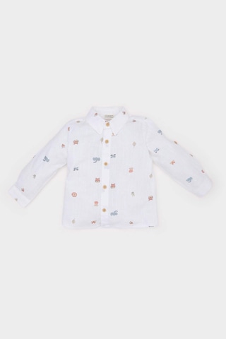 DeFacto Erkek Bebek Hayvan Desenli Flamlı Poplin Uzun Kollu Gömlek E2009A525SPER105 Ekru