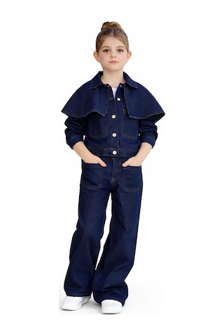 Kız Çocuk 3 Parça Kot Pelerin Detaylı Ceketli Denimtakım 25179 Lacivert