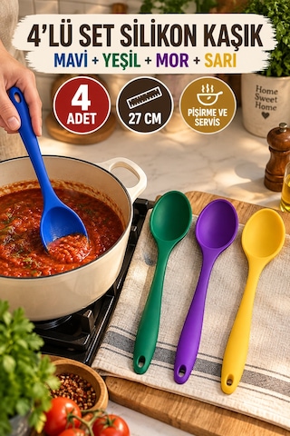 4'lü Set Mavi Yeşil Mor Sarı, Büyük Boy Silikon Kaşık Seti 27 Cm, Mutfak Yemek Pişirme Servis Kaşığı