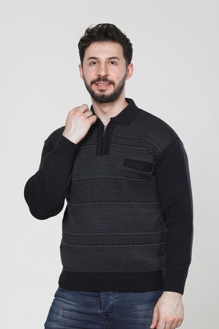 Kzc Tekstil Erkek Baba Orta Yaş Ve Üzeri Triko Örgü Akrilik Kışlık Regular Fit Cepli Fermuarlı Polo Yaka Kazak Lacivert
