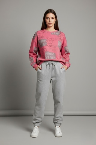 The Kadın Pembe Baskılı %100 Pamuk 3 İplik Şardonsuz Sweatshirt - Normal Kalıp Basic Bisiklet Yaka Pembe