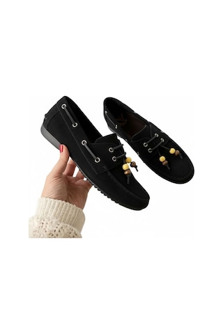Ne&ve Shoes Siyah Süet Hakiki Deri Boncuklu Makosen Kadın Kolej Loafer