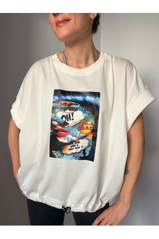 Ali Butik Beyaz Paint Girl Baskılı Alttan Büzmeli Tişört Beyaz