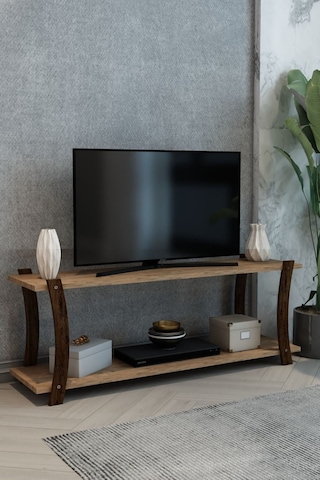 Doğal Çam Ahşap Raflı 120cm Tv Ünitesi - Minimalist Medya Sehpası