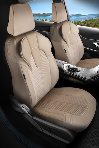 Bej - Bej Panda Monte Carlo Serisi Velor Kadife Kumaş Oto Koltuk Kılıfı - Tam Set