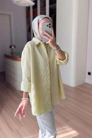 Kahijab Önü Katlı Çizgili Gömlek - Sarı