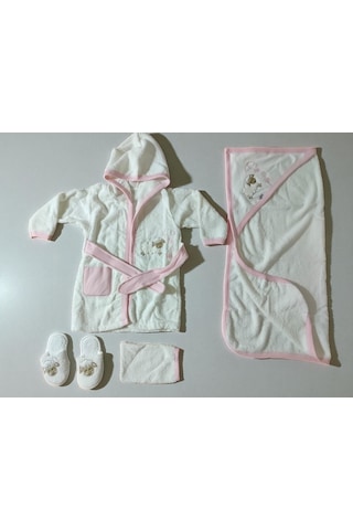 Sevimli Kuzu Nakışlı Bornoz Seti %100 Pamuktan. 4 Parça 0-3 Yaş Beyaz - Pembe
