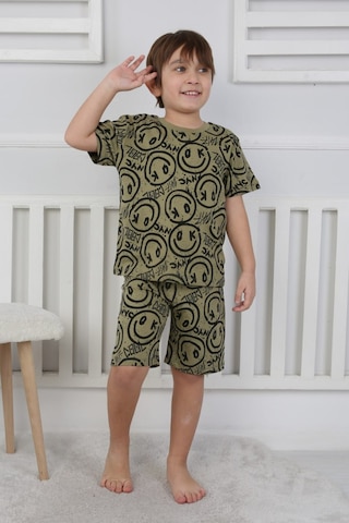 Bunny Hopp Şortlu Erkek Çocuk Pijama Takımı %100 Pamuk Desenli Yazlık 3-8 Yaş Siyah - Yeşil