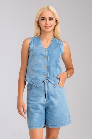 Bold & Young Kadın Bleach Yıkama Lyocell İnce Denim Kumaş Kot Yelek Bleach Yıkama Mavi