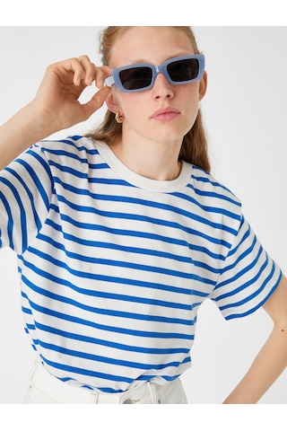 Koton Oversize Basic Tişört Mavi Çizgili 2spk10001uk Mavi