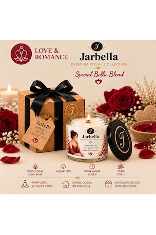 JARBELLA Premium Seri, LOVE & ROMANCE, Aşk ve Romantizm, %100 Soys Mumu, El Yapımı, Ahşap Fitil, 220 gr, Özel Koku Harmanı, Ev ve Hediye İçin İdeal