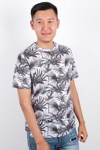 Rich Erkek Bisiklet Yaka Baskılı T-shirt %100 Pamuk Tişört Gri