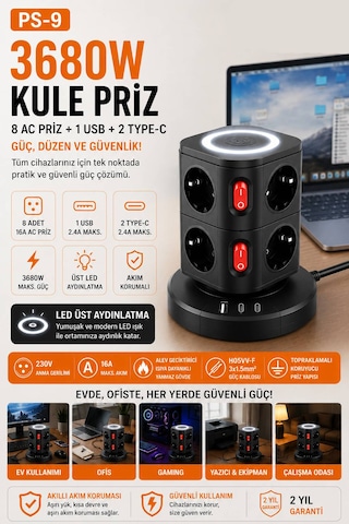 3680w Kablosuz Şarjlı Kule Priz 8 Ac Priz 1 Usb 2 Type-c Akım Korumalı Topraklamalı Çoklu Priz Ev Ofis Bilgisayar Gaming Şarj İstasyonu Ps-9