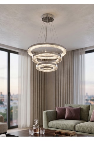 Lzy Avize Store Kristal 3 Lü Halka Avize Modern Salon, Yemek Masası, Mutfak, Antre Çocuk Odası Aydınlatma Krom