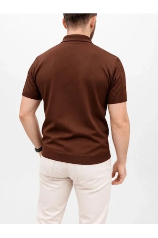 Erkek Yazlık Triko Tişört Kısa Kol Polo Yaka Düğmeli T-shirt - Kahverengi