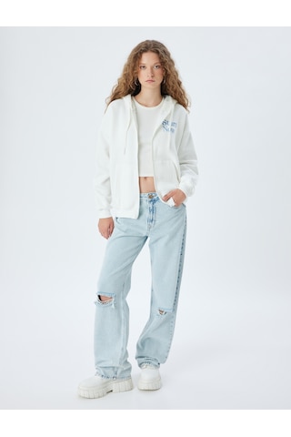 Koton Fermuarlı Sweatshirt Kapüşonlu Oversize Kanguru Cepli Slogan Baskılı Şardonlu Ekru 5wal10197ık Ekru