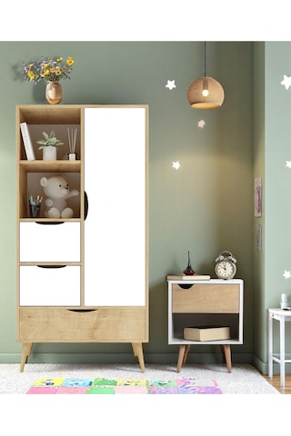 Floradesign Mango Çocuk Odası Takımı 1 Adet Gardırop +1 Adet Komodin Kahve Beyaz