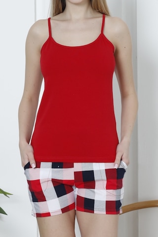 Kadın Şortlu Pijama Takımı İp Askılı Pamuklu Likralı Cepli Kırmızı Nıc1073 R02 Kırmızı