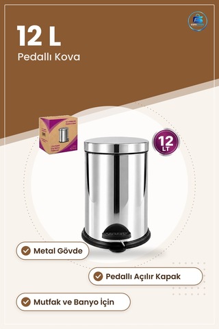 Çöp Kovası 12 L Metal Pedallı Açılır Kapanır Kapaklı Paslanmaz Mu