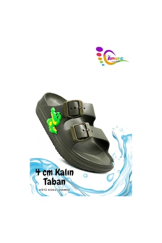 Sermoda Çift Toka Hafif Eva Yazlık Plaj Çocuk Terliği Havuz Terliği Lavabo Terliği T Haki