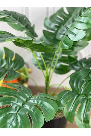 Yapay Çiçek Monstera 9 Dal Siyah Plastik Saksılı Deve Tabanı Deko