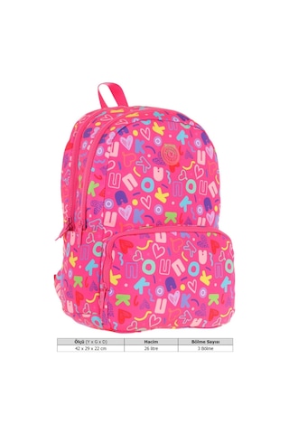 Kaukko Kız Çocuk Kalp Ve Kaukko Baskılı Pembe Okul Çantası - Üç Bölmeli - K1783 Pembe