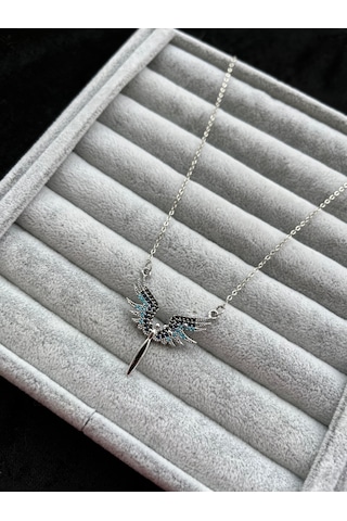 Gümüş Renk Mikail Meleği Kanatlı Karışık Renkli Taşlı Zirkon Kolye Gümüş