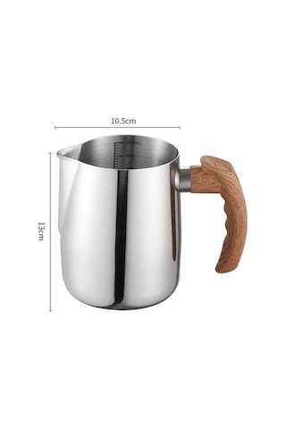 Novahub 600/1000ml Gümüş Paslanmaz Çelik Latte Kahve Fincanı Süt Köpürtme Sürahi Ahşap Saplı Damlamasız