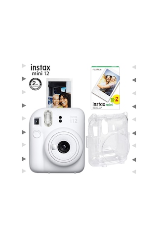 Fujifilm Instax Mini 12 Fotoğraf Makinesi + 20'li Film + Şeffaf Kılıf Seti Beyaz