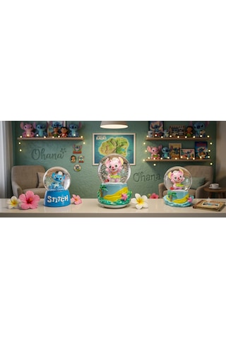 9cm-6cm Işıklı Pembe Ve Mavi Renk Ve Sarı Altlık 11cm X7 Cm Pilli Pembe Işıklı Hediyelik-dekoratif 3 Lü Stitch Kar Küresi 1