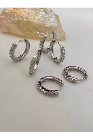6'lı Zirkon Taşlı Gümüş Silver Renk Küpe Seti 1cm Gümüş