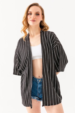 Giysa Kadın Yarım Kol Çizgili Bürümcük Kimono Antrasit - 254406 Antrasit