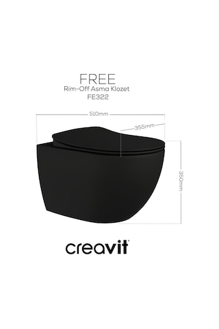 Creavit Free Kanalsız Kömür Karası Asma Klozet Set Fe322, Creavit Kömür Karası Terra Gömme Rezervuar Seti Siyah