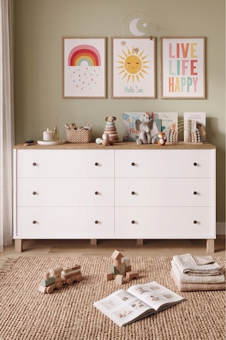Yurudesign Noren Geniş Şifonyer 6 Çekmeceli Ahşap Ayaklı Bebek Ve Çocuk Odası Sepet-beyaz Nr2-sw