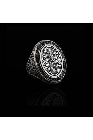 925 Ayar Kelime-i Tevhid Yazılı Taş İşlemeli Erkek Gümüş Yüzük Çok Renkli