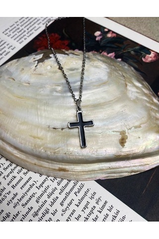 Gümüş Kaplama Siyah Mineli Gotik Haç Kolye Çok REnkli