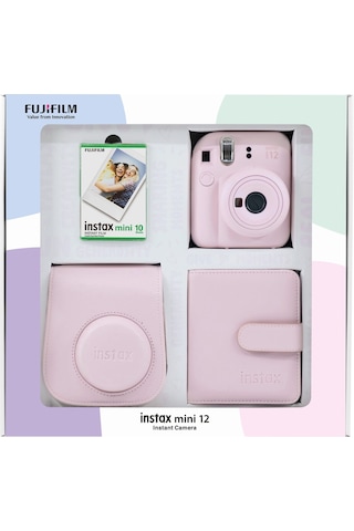 Fujifilm Instax Mini 12 Fotoğraf Makinesi + 10'lu Film Kare Albüm + Deri Kılıf Pembe
