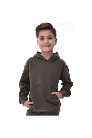 Basic Kapüşonlu Şardonlu Kanguru Cep Detaylı Çocuk Sweatshirt 3-10 Yaş Ekru Haki