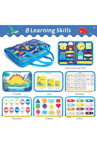 Montessori Keçe Eğitim Çantası Busy Board- Mavi Dinazor 8 Sayfa