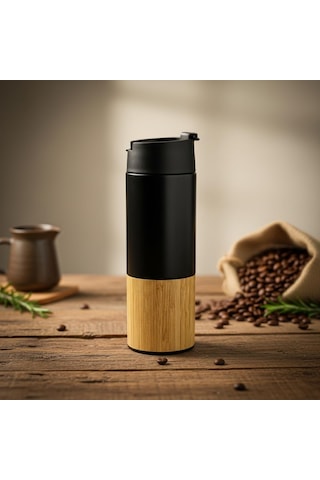 450 Ml Bambu Kaplamalı Çelik Termos - Sıcak Ve Soğuk Tutucu Sızdırmaz Mat Siyah Kahve Termosu Çok Renkli