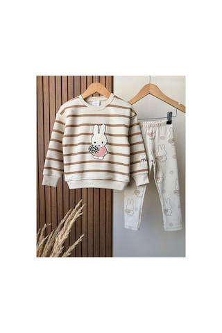 Lucco Tavşanlı Sweatshirt Tayt Kız Çoçuk %100 Cotton Takım Bej