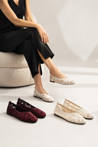 Dabab Shoes Florıa Dantel Kadın Düz Babet Dantel Dokuma Çiçek Desenli Zarif Günlük Ayakkabı Krem - Beyaz - Bordo Beyaz Kombin