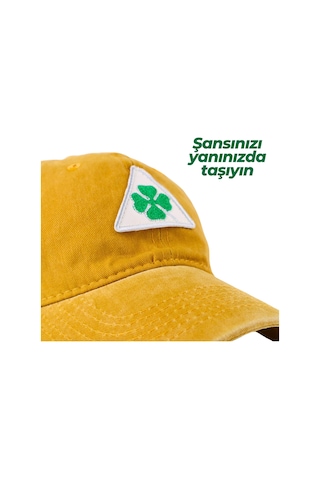 Perlotus Vintage Yıkamalı Pamuk Şapka Dört Yapraklı Yonca Nakışlı Sarı Sarı