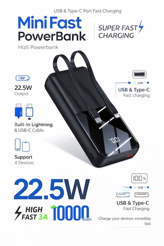 22.5w Hızlı Şarj Mini Powerbank 10000mah Dahili Lightning & Type-c Kablolu Taşınabilir Şarj Cihazı, Dijital Göstergeli, Kompakt Premium Tasarım Gri  -  Siyah