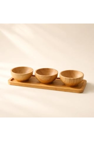 Doğal Bambu Standlı 3&apos Lü Yuvarlak Sosluk Ve Çerezlik Seti 20x6,5 Cm - Kahvaltılık İkramlık Takımı