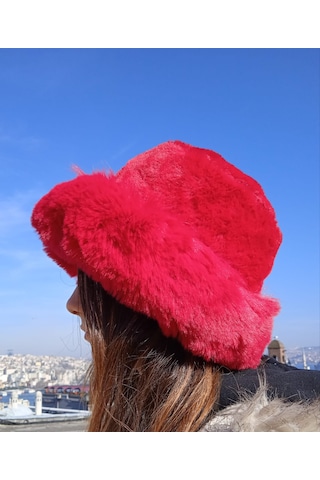 Shopiolog Pofidik Peluş Şapka Kışlık Suni Kürk Kalpak Kımızı Kova Şapka Kırmızı