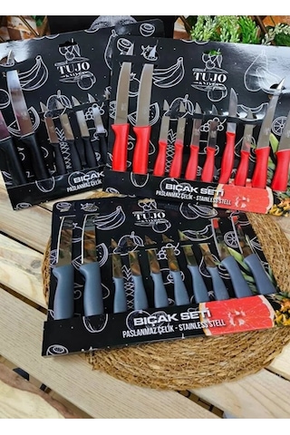 10 Lu Lazer Kesim Tırtıklı Bıçak Seti, 2 Adet Ekmek Bıçağı, 2 Adet Sebze Bıçağı, 6 Adet Meyve Bıçağı Siyah